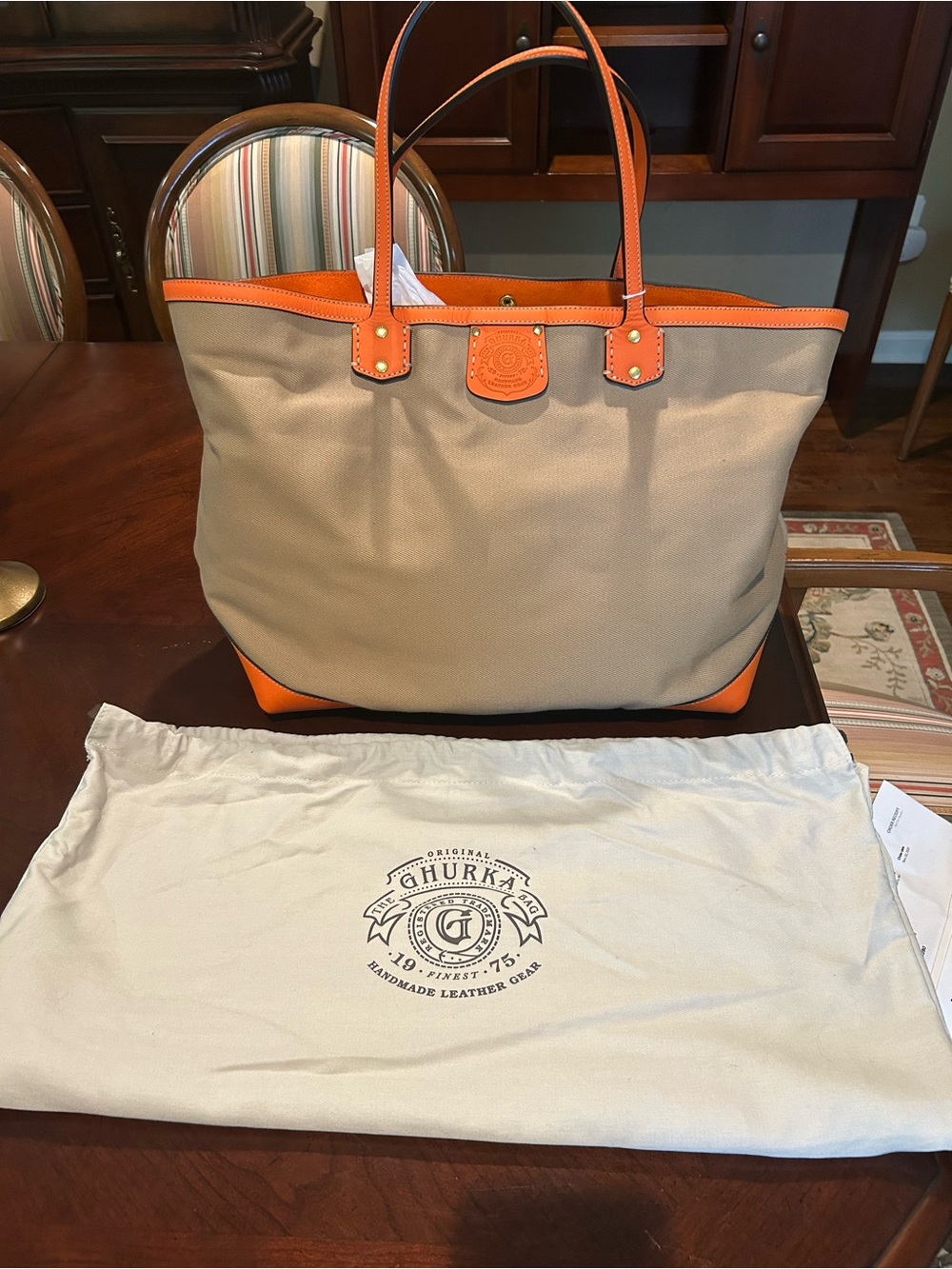 Ghurka Cooper Beige Canvas Tote with Orange Leather Trim